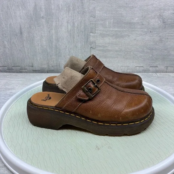 Dr Martens Clogs Women's 9 Brown Leather Buckle Slip On Chunky Mules Y2K - Picture 4 of 8